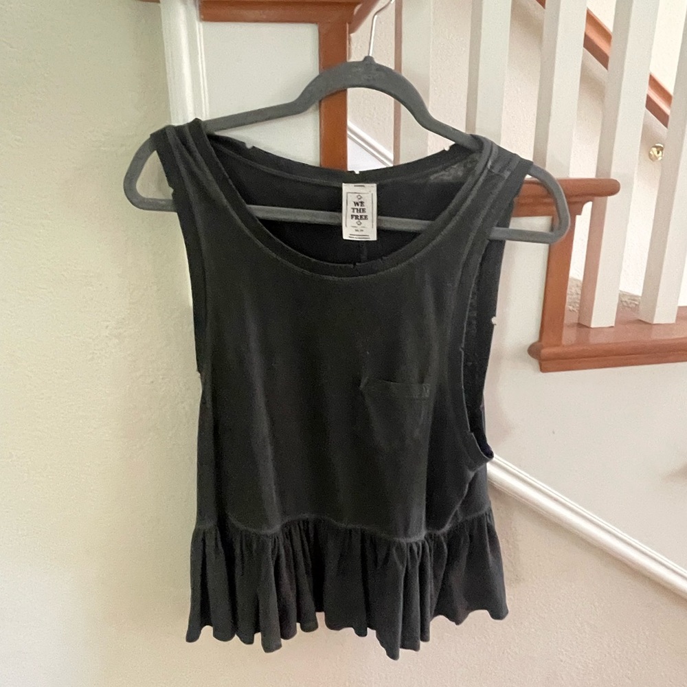 Free People -We The Free distressed sleeveless cropped shirt wuth ruffle hem